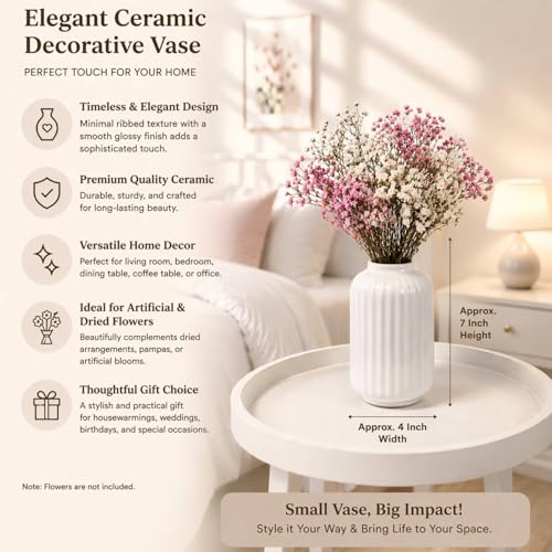 Image of Art Street Modern Ribbed Ceramic Flower Vase | Pearl White Decorative Boho Vase for Living Room, Bedroom & Office Dcor - (Flower not Included), 7x4 Inch