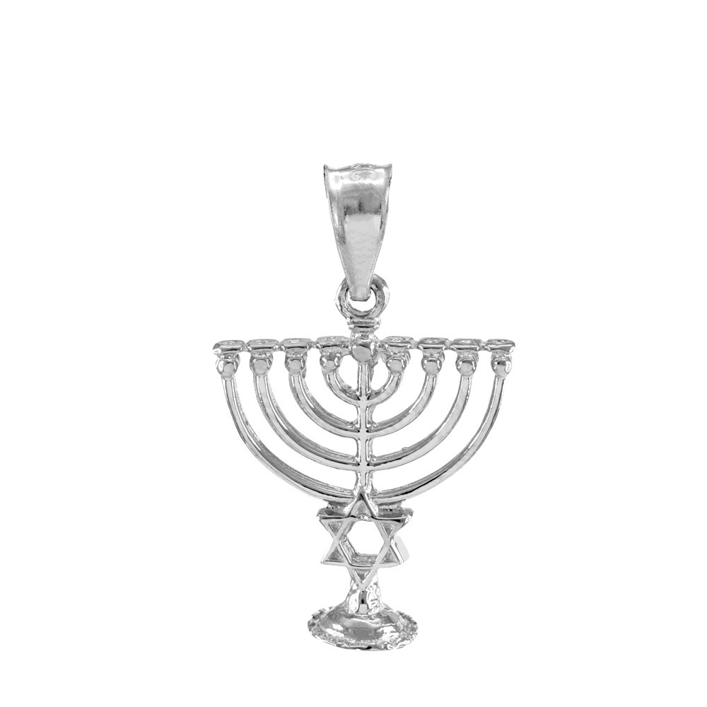 10k White Gold Jewish Menorah with Star of David Pendant