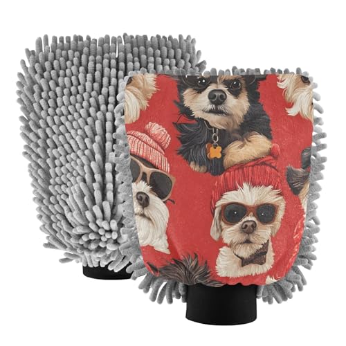 STAYTOP Cute Dog Car Wash Mitt Microfiber, 2Pcs Scratch Free Lint-Free, Premium Chenille Microfiber Mitt Car Wash Brush-L