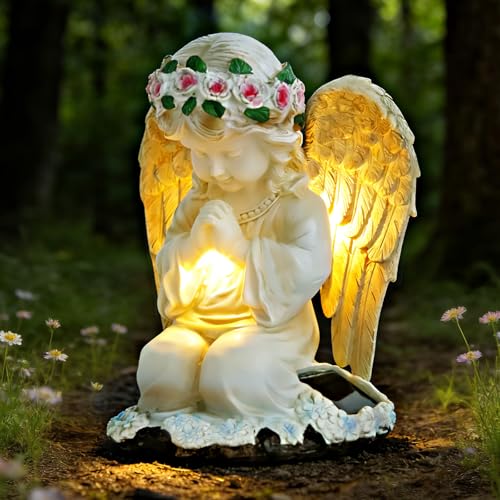 KOHRIUK Solar Engel Gartenstatuen Betende Harz grabschmuck wetterfest grabengel wetterfest mit 3 LED Solarleuchten LED Fairy Engel Figur für Terrasse Balkon Friedhof Outdoor Gartendekoration 20 5cm
