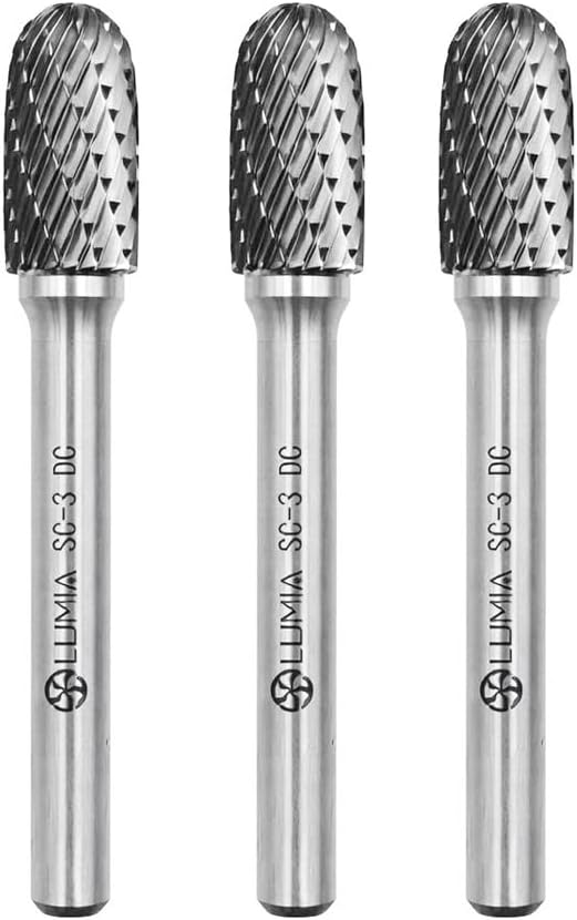 Professional Grade Carbide Rotary Burr cylindrical ball-nose type SC-3, double-cut with 1/4" shank for die grinders, Deburring, Engraving, Grinding, Carving on steel, cast iron, etc. Set of 3.
