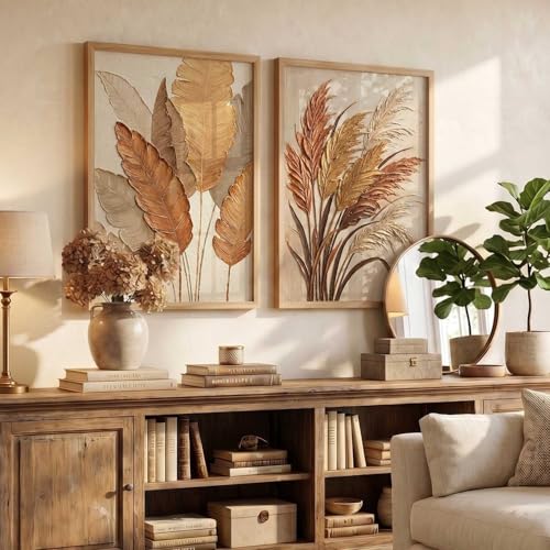 Image of kotart Golden Leaf Art Wall Painting Home Decoration With Frame For Living Room Bed Room Hotel Wall Decor Digital Reprint Engineered Wood Set of 2 (14 X 20 INCH)