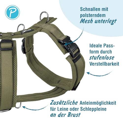 Petlando Hundegeschirr gepolstert, Mesh Y-Comfort, weich, stufenlos verstellbar, besonders leicht & atmungsaktiv, fellschonend, ergonomisch, Brustgeschirr für mittelgroße Hunde, Olive, M