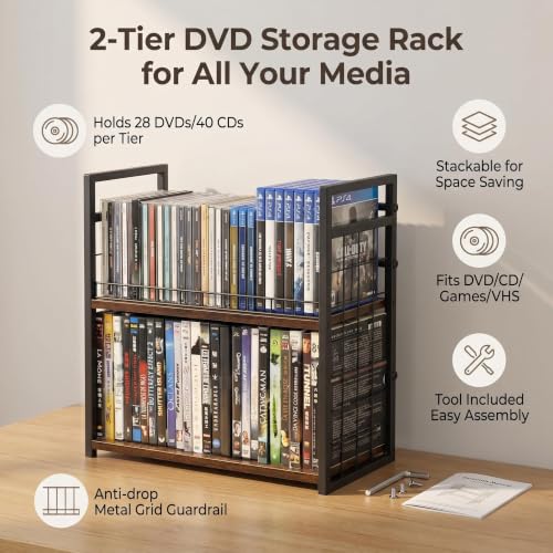 Image of 2-Tier DVD Storage Rack & CD Display Shelf, Holds 56 DVD Cases, Stackable Metal Media Organizer Tower for Blu Ray, Video Games, VHS Tapes