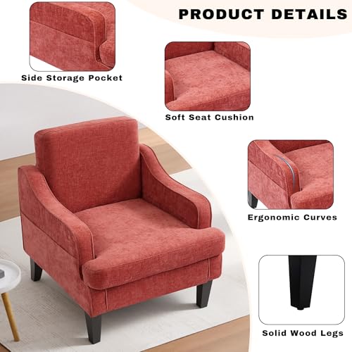 Image of Accent Chair for Living Room,Mid-Century Arm Chair Chenille Fabric Living Room Chairs,Upholstered Reading Chair for Bedroom,Single Sofa Chair with Wood Legs for Apartment (Orange)