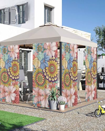 Sabolny Boho Floral Outdoor Curtains for Patio Waterproof,Bohemia Country Colorful Mandalas Flower Patio Porch Outside Grommet Curtains for Cabana Pergola Privacy & Blocking Sunlight,2 Panel 54
