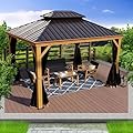 Kozyard Apollo 10’x12’ Hardtop Gazebo, Wooden Coated Aluminum Frame Canopy with Galvanized Steel Double Roof, Outdoor Permanent Metal Pavilion with Netting for Patio, Deck and Lawn (10ft x 12ft)