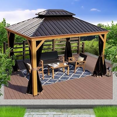 Kozyard Apollo 10’x12’ Hardtop Gazebo, Wooden Coated Aluminum Frame Canopy with Galvanized Steel Double Roof, Outdoor Permanent Metal Pavilion with Netting for Patio, Deck and Lawn (10ft x 12ft)