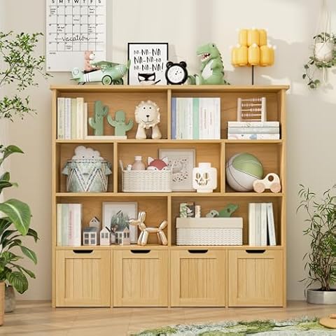 FINETONES Toy Storage Organizer, Kids Bookshelf with 4 Movable Chests and 7 Storage Cubes, Toy Chest Storage Shelf Organizer with Hidden Wheels, Toy Organizers and Toy Storage, Natural Cover