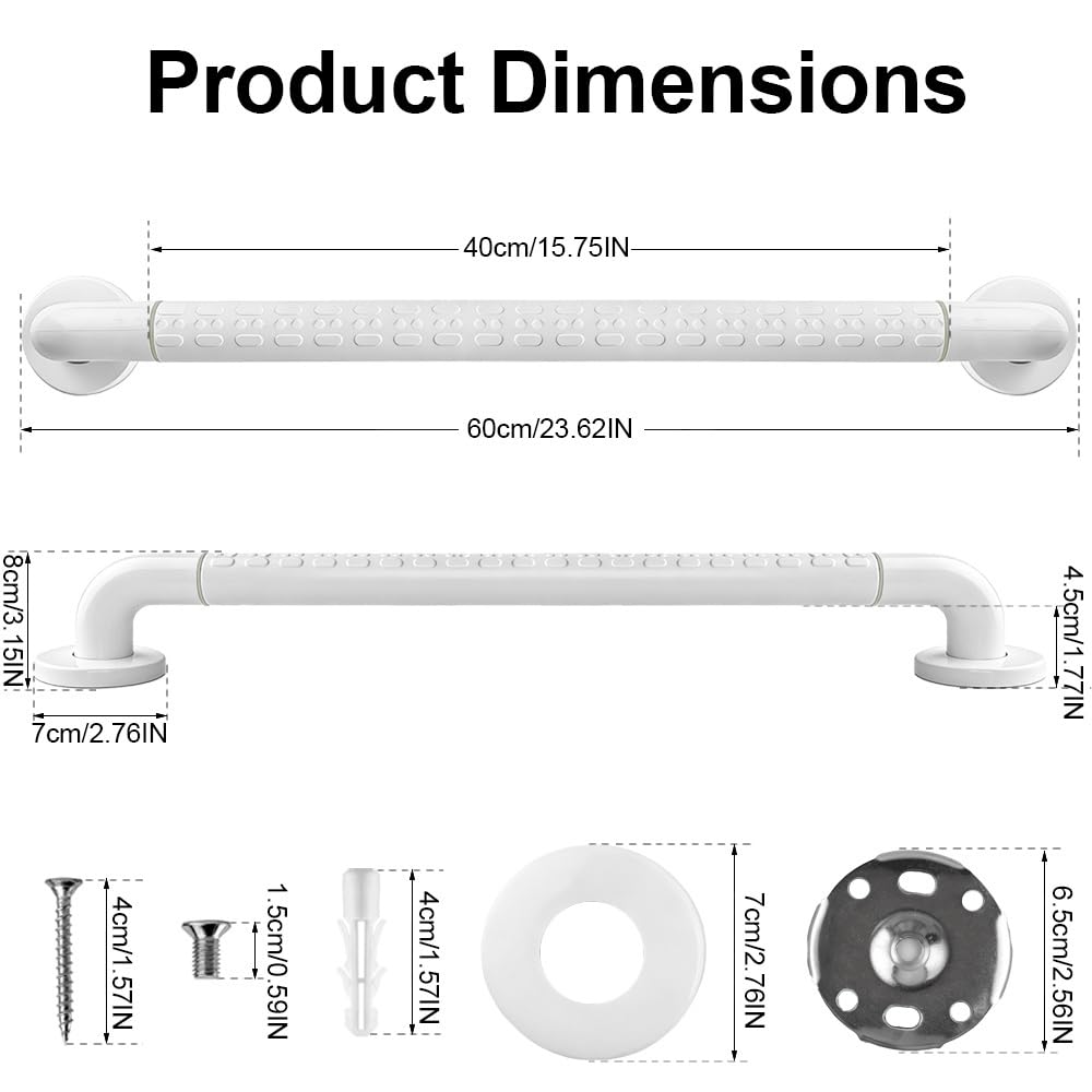 Poignée de Baignoire de Sécurité,Barre de Maintien Douche 60cm,Barre d'appui Salle de Bain,Murale Inox 304 Anti-dérapante Barre d'appui WC/Douche pour Personnes,Âgées et Handicapées,Blanc