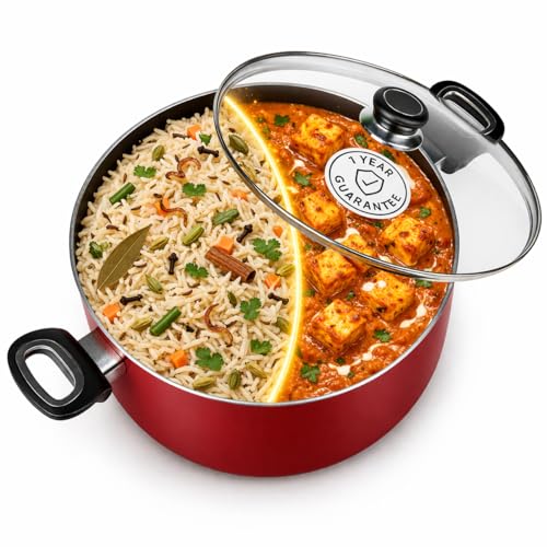 Image of Nolta PS Biryani Pot /Curry Pot (2.5L) Induction Cookware, ISI Certified, 1yr Replace-Guarantee, PFOA-Free Non-Toxic Non-Stick Coating, Biriyani Handi /CurryPot (20cm, Maroon)