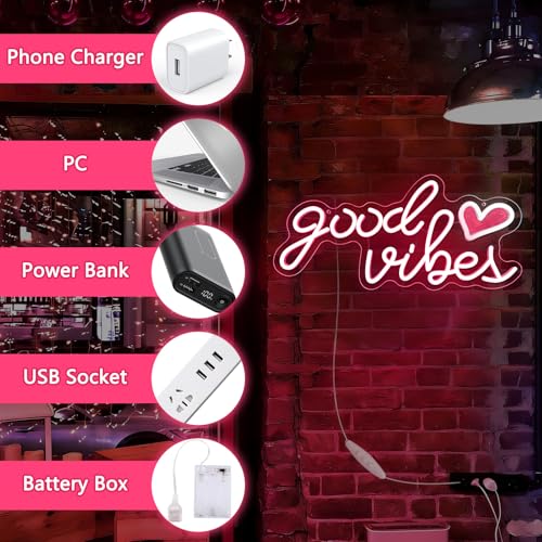 Image of Good Vibes Neon Sign 16.1 X 7.8 inch Pink Good Vibes Neon Light with Red Heart UV-Printed Dimmable USB Powered Aesthetic Led Light Up Sign for Bedroom Girls Room Birthday Party Bar Wedding Present