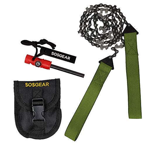 SOS Gear Pocket Chainsaw â€“ Best Survival Hand Saw in Pouch, Premium Fire Starter with Compass for Survival Gear, Camping, Hunting & Tree Trimming â€“ Green Straps, 36" Chain