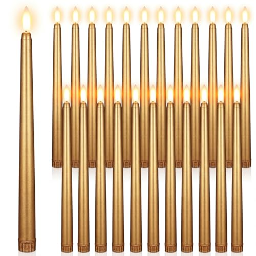 Image of Macarrie 24 Packs Flameless Taper Candles Battery Operated Fake 11 Inch Long Candlelight LED Flameless Candlesticks Flickering Tapered for Summer Fall Wedding(Gold)