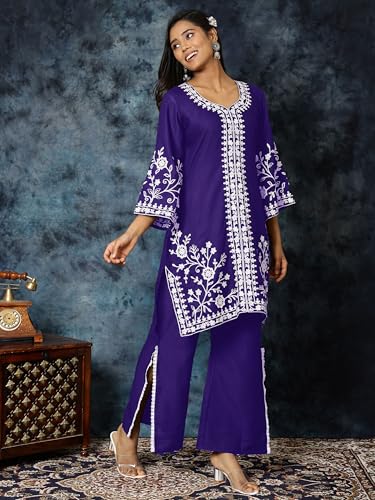 Image of EthnicJunction Women's Cotton Blend Chikankari Embroidered A-Line Kurta Palazzo Set Ethnic Wear Office Wear Daily Wear Festive Kurta Set for Women