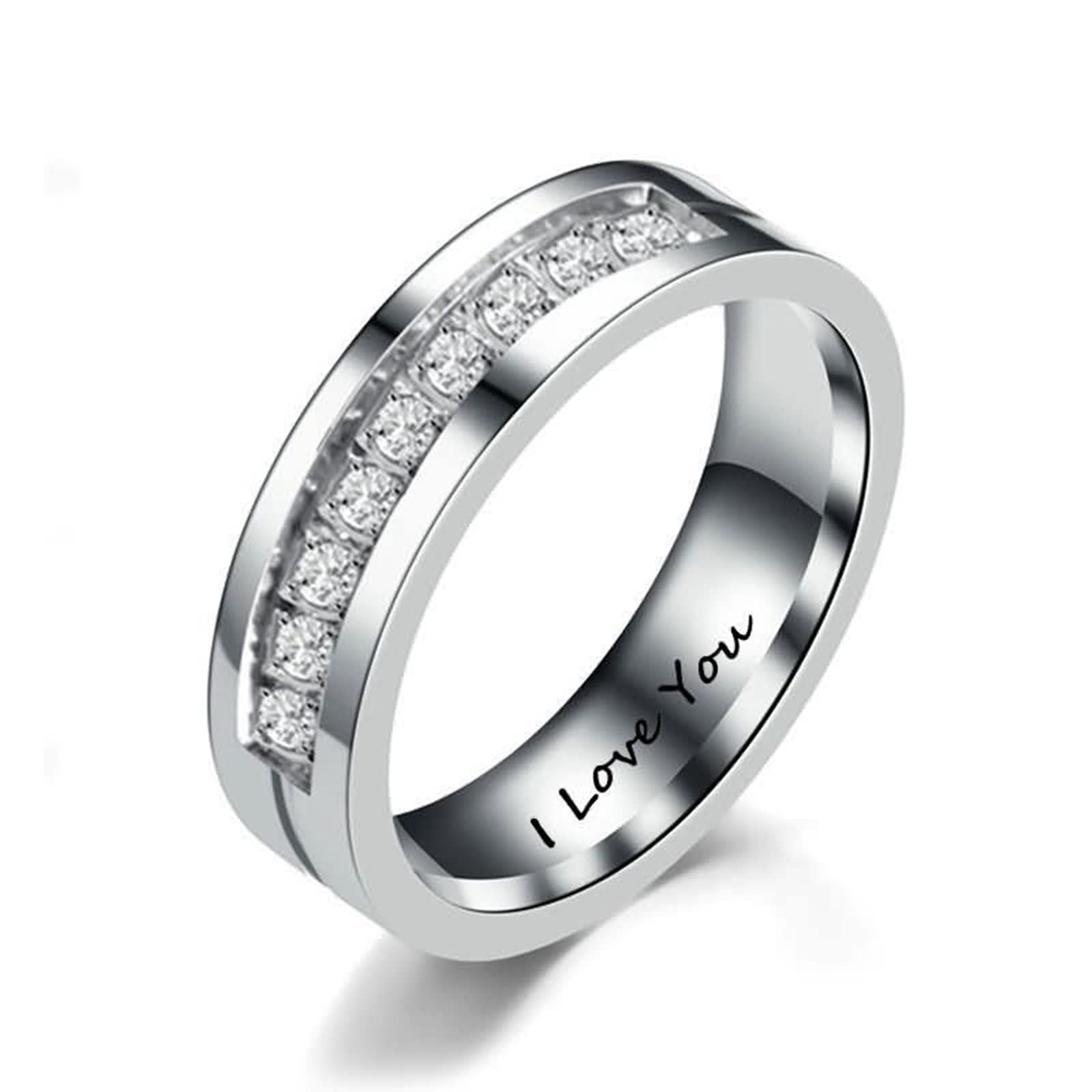 AmDxD Alianza para boda plateada, acero inoxidable, anillo de pareja grabado, I Love You, W54 & M61.5, Acero inoxidable, Sin piedras preciosas