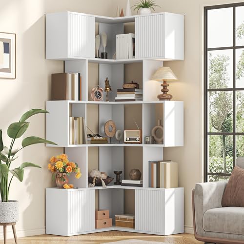 Image of kepptory L-Shaped Corner Cube Bookshelf, 6-Tier Display Book Shelf | Freestanding Bookcase Open Rack for Collectibles, Model Figures, Toys, Books, Decor Display, Living Room Gaming Room, White