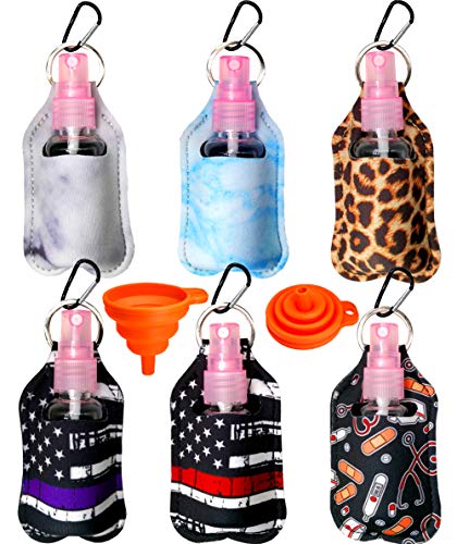 6 Pack Hand Sanitizer Keychain Holder, 30ml Portable Travel Spray Bottle for Lotion and Liquids, Reusable Bottles with Carabiner for Outdoor (Floral-2)