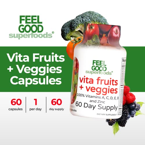 Feelgood Superfoods Vita Fruits And Veggies Dietary Supplement Capsules Made From 25 Superfood Ingredients, Fruit And Vegetable Multivitamin, 60 Count #TOP1
