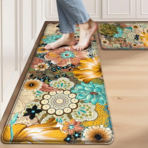 zhuzai Kitchen Mats for Floor Cushioned Anti Fatigue Sets of 2 Boho Floral Kitchen Rugs Non Slip Waterproof Memory Foam Kitchen Floor Mats Padded Comfort Standing Mat Rug for Sink Laundry Office