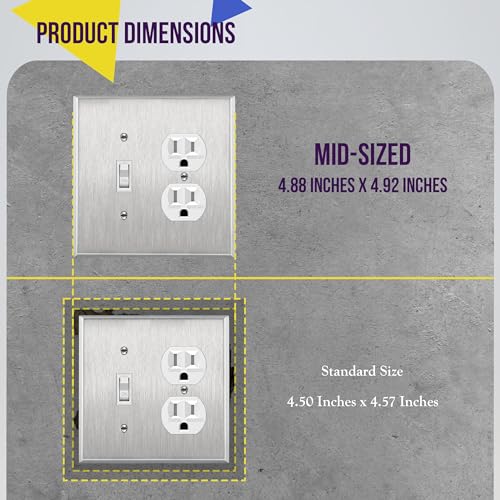 Image of ENERLITES Combination Toggle Light Switch and Duplex Receptacle Outlet Metal Midway Wall Plate, Corrosion Resistant, 2-Gang 4.88 inch x 4.92 inch, 771121M, 430, UL Listed, Silver, Stainless Steel Mid Size