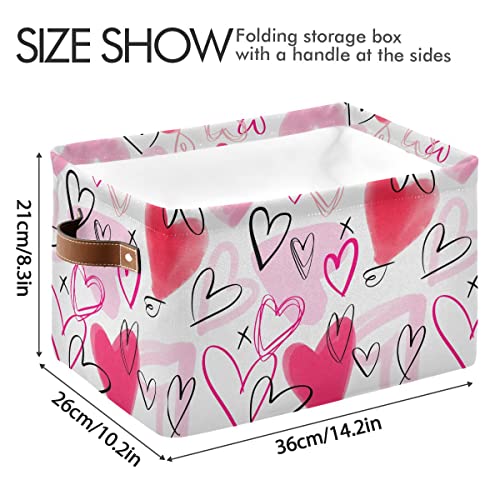 Image of Happy Valentine's Day Pink Love Storage Basket Fabric Laundry Baskets Red Heart Storage Boxes Organizer Bag for Baby Cloth Dog Toy Book Storage Cubes Shelf Closet Bins 16x12x8 Inches