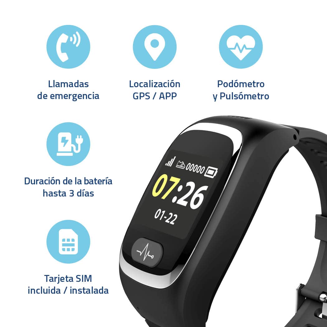 Reloj B6 con botón de Llamada de Emergencia SOS – Localización GPS – Detección de Caídas – Pulsómetro – Cuidado de Mayores/Demencia/vulnerables – Tarjeta SIM incluida - Necesita suscripción