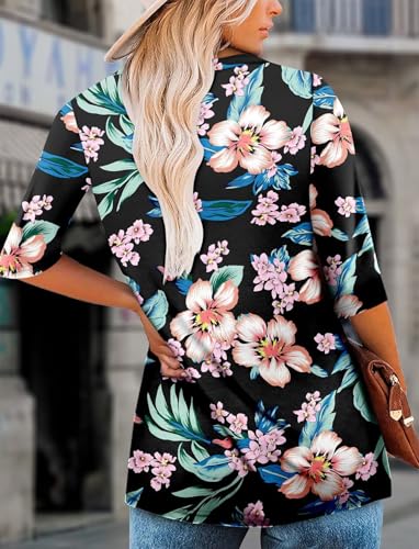 KISSMODA Tunic Tops for Women Loose Fit Dressy Round Neck Pleated 3/4 Length Sleeve Spring Tops