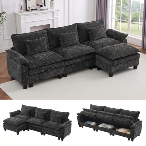 Image of IPKIG 117 inch Modular Cloud Couch with Storage, L Shaped Sectional Sofa with Ottoman & Pillow, Chenille Deep Seat Sectional Couches for Living Room, Apartment, Black