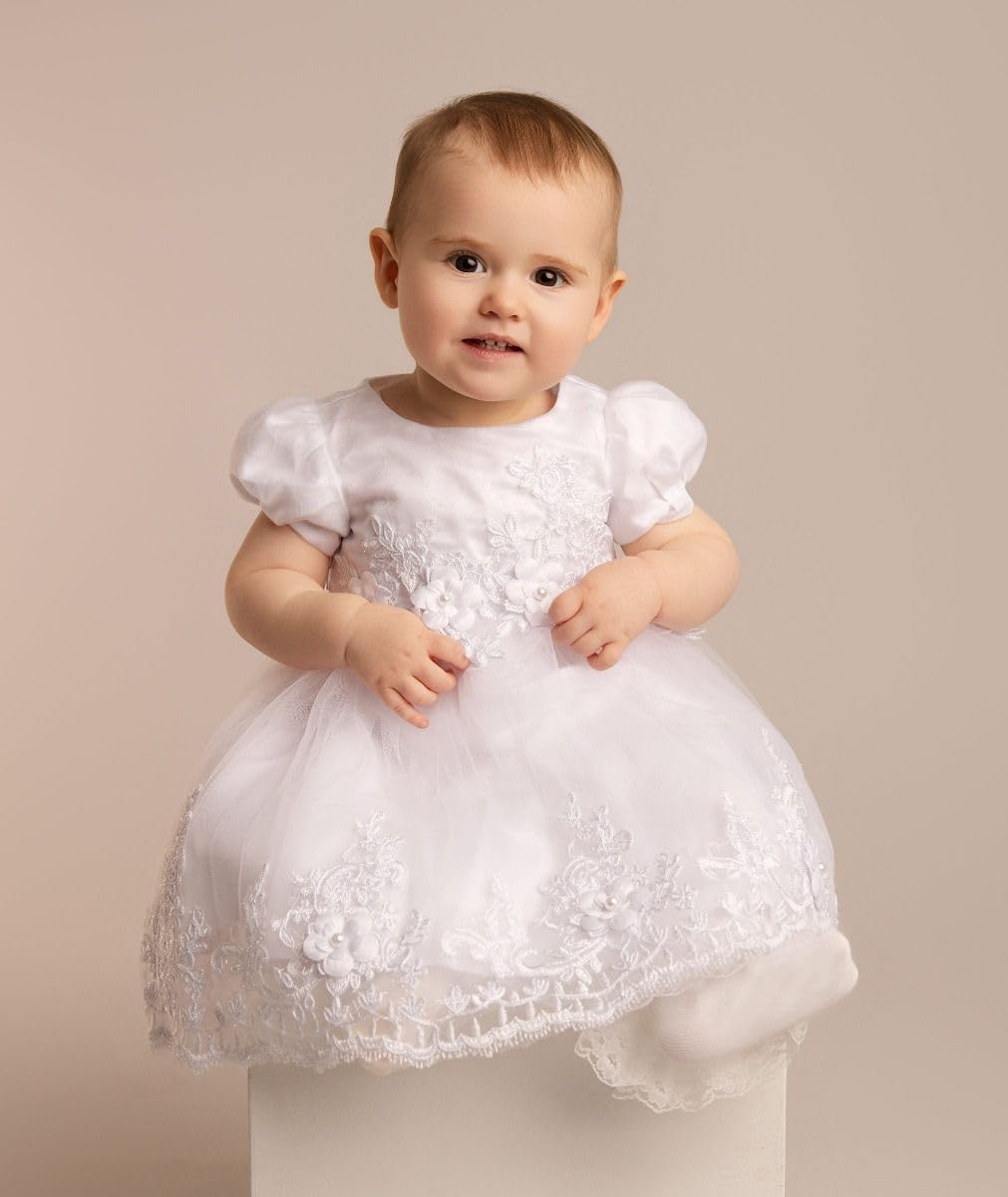 Vestido de Bautizo de Encaje Floral Blanco para niñas pequeñas: Vestido de Tul con Mangas Cortas, de 0 a 24 Meses