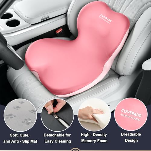 Image of Coverado Car Seat Cushion and Lumbar Support Pillow One Piece, Memory Foam Ergonomic Back Support Driving Seat Cushion for Back Pain, Non-Slip Washable Cushion for Car, Driver, Office