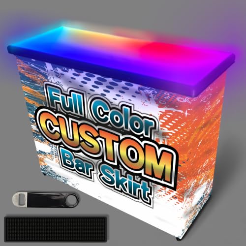 Image of PartyLife 48 inch Premium Glowing LED Surface Portable Bar Table with Custom Skirt, Mobile App, Folding Legs, Black Fabric Bar Skirt, 2 Storage Shelves & 2 Carrying Bags