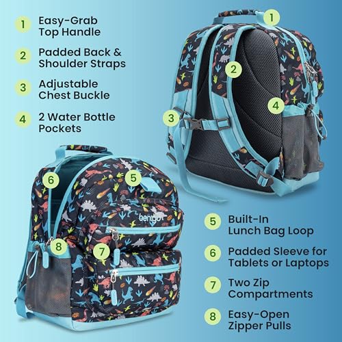 Image of Bentgo Kids Backpack - Lightweight 14 inch Backpack in Fun Prints for School, Travel, & Daycare, Ideal for Ages 4+, Roomy Interior, Durable & Water-Resistant Fabric, & Loop for Lunch Bag (Dinosaur)