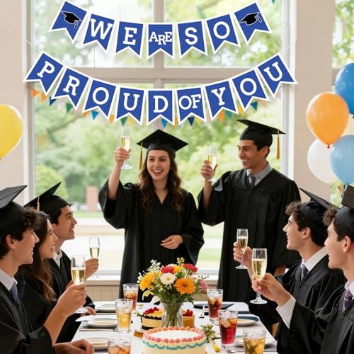 Image of Blue We Are So Proud Of You Banner Congrats Grad Cap Bunting Flag Grad Party Decoration Idea