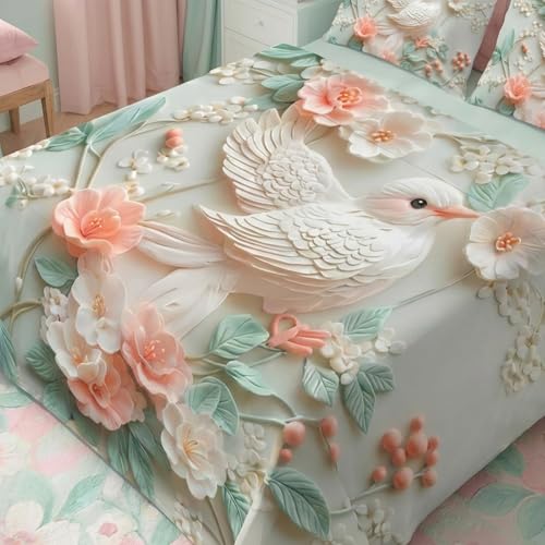 Image of 7D Fairy Tale Bird Collection King Bedsheet 108x108 inch with 2 Pillow Covers | Good Stitching, Soft Fabric & Vibrant 7D Digital Print for Kids & Couples (Ivory Peach)