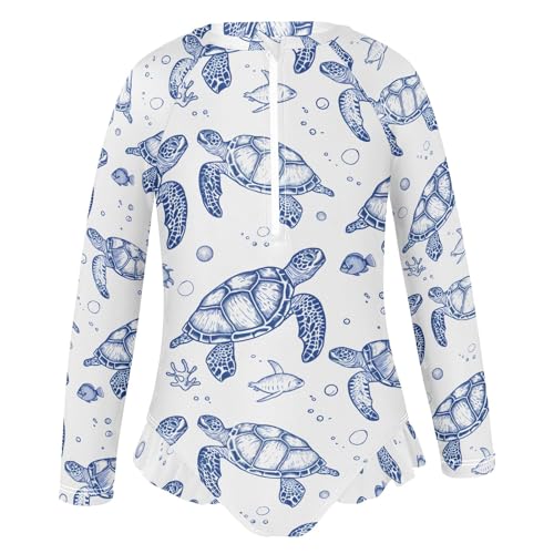 Sea Turtle Pattern Girls Long Sleeve Swimsuit Rash Guard One Piece Bathing Suits Zipper 3-12T2