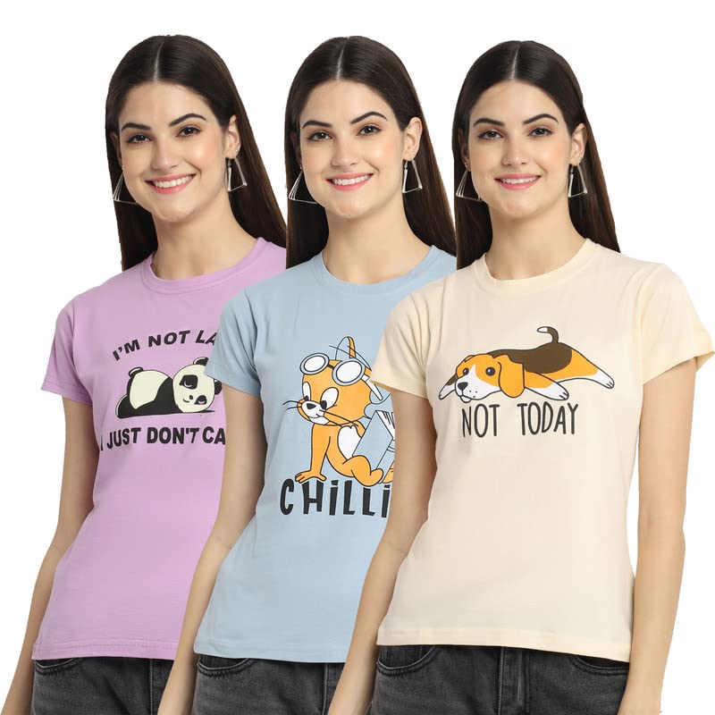 Image of Preneum Women's Cotton Regular Fit Graphic Stylish Printed Short Sleeves Casual T-Shirt || Trendy (Pack 3), Purple & Grey & Cream, S