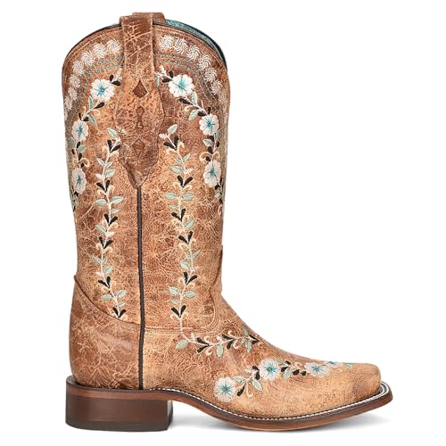 Corral Boots Womens Distressed Glow In The Dark Floral Embroidered Square Toe Casual Boots Mid Calf Low Heel 1-2