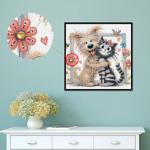 Image of AiYuanzsh Cat and Dog Diamond Art Painting Kits for Adults, 5D Special Shape Diamond Art Kits for Beginners, Crystal Rhinestones Diamond Art Painting for Home Wall Decoration Gift 12x12 inch