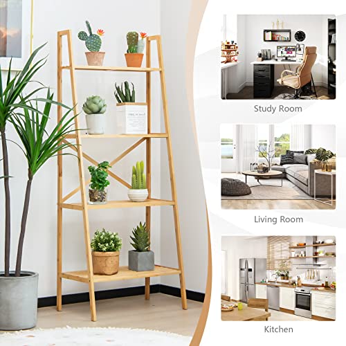 Giantex 4-Tier Bamboo Bookshelf, Multifunctional Storage Display Rack Shelves With Anti-Tipping Device, Natural Wood Ladder Shelf For Home Office Kitchen Bathroom #TOP4