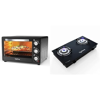 Lifelong LLOT23 Oven, Toaster & Griller, 23 Litres OTG Oven for Baking Cake with 4 Heating Modes|(Black) & Lifelong LLGS10 Glass Top, 2 Burner Manual Glass Gas Stove, Black (ISI Certified)