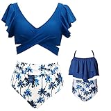 Girls Swimsuit Two Pieces Bikini Set Swimwear Bathing Suits Mom Daughter Family Matching Swimsuit(Mom,Blue Floral,Large)