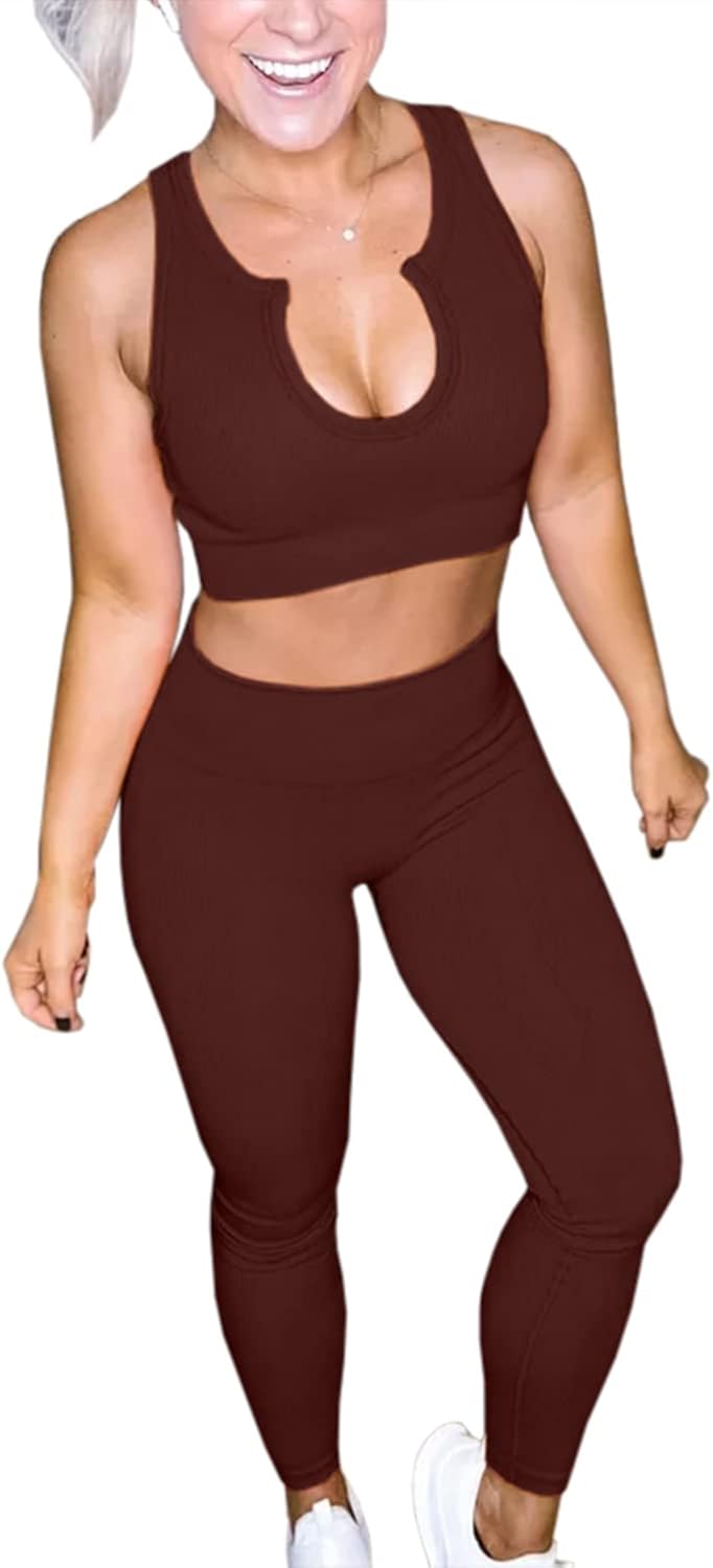 FAFOFA Workout Outfits for Women 2 Piece Ribbed Seamless Crop Tank High Waist Yoga Leggings Set : Clothing, Shoes & Jewelry
