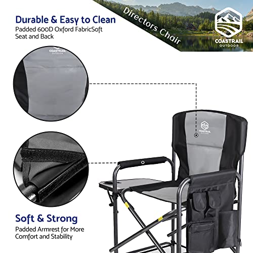 Coastrail Outdoor Tall Directors Chair Foldable 30" Bar Height,Padded Comfort Big Camping Chair With Side Table & Storage Bag Footrest For Camping Artists Patio Rv Studio,Supports 400 Lb,Black #TOP4