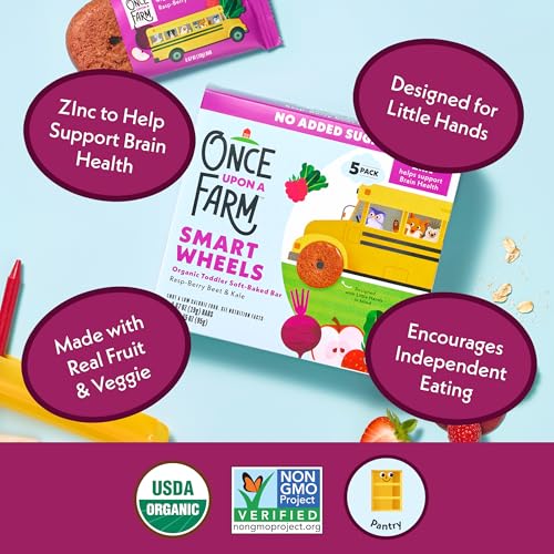 Image of Once Upon A Farm Organic Toddler Soft Baked Bar, Rasp-Berry, Beet and Kale, Smart Wheels Shaped, Non GMO, Kosher, 3.35 Ounces (Pack of 8)