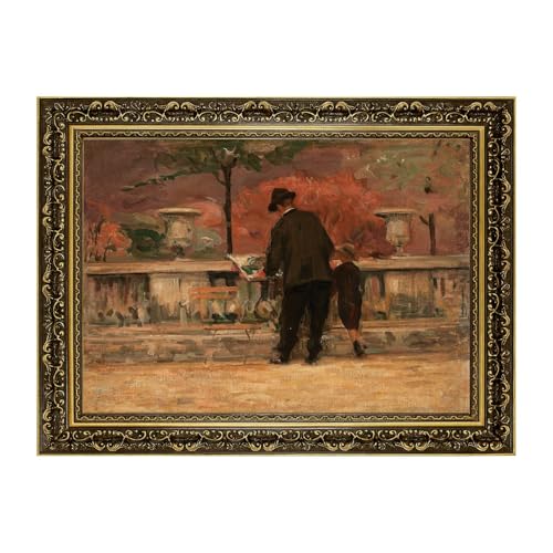 Vintage Framed Father and Child Park Scene Wall Art Canvas Print Oil Paintings Reproduction World Classics Retro Elegant Poster Wall Decor for Living Room Home Decoration (Retro Framed,12L X16W)