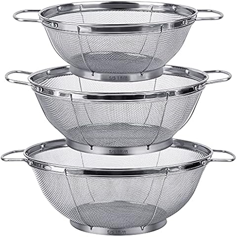 3 Pack 18/8 Stainless Steel Colander Sieves(5-Quart, 4-Quart and 3-Quart), Mesh Strainer Net Baskets with Handles & Resting Base for Strain, Drain, Rinse or Steam Cover