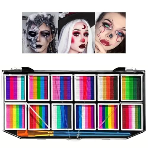 12 Colors Face Body Paint Palette,Split Cake Face Paint Palette FX Makeup, Water Activated Non Toxic Rainbow Body Painting with Brush for Halloween Makeup,Festivals & Events