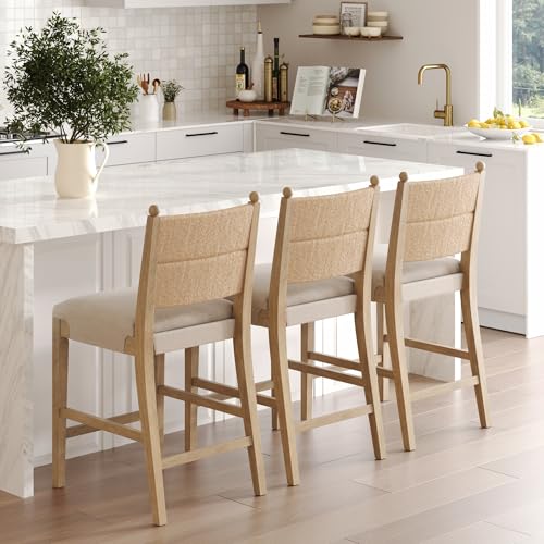 Image of Nathan James Cove Seagrass Counter Stool Wood Upholstered Bar Stool with Natural Flax Cushion and Seagrass Backrest, Light Brown, Set of 3