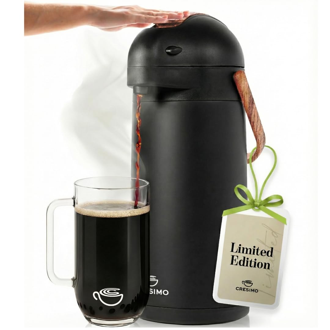 Thermal Coffee Carafe 102Oz w/Wood Trim, Keeps Coffee Hot for 12Hrs & Cold for 36Hrs-Premium Stainless Steel Carafe for Hot Liquids, Easy One-Handed Dispensing for Office, Home, Party, Durable Airpot